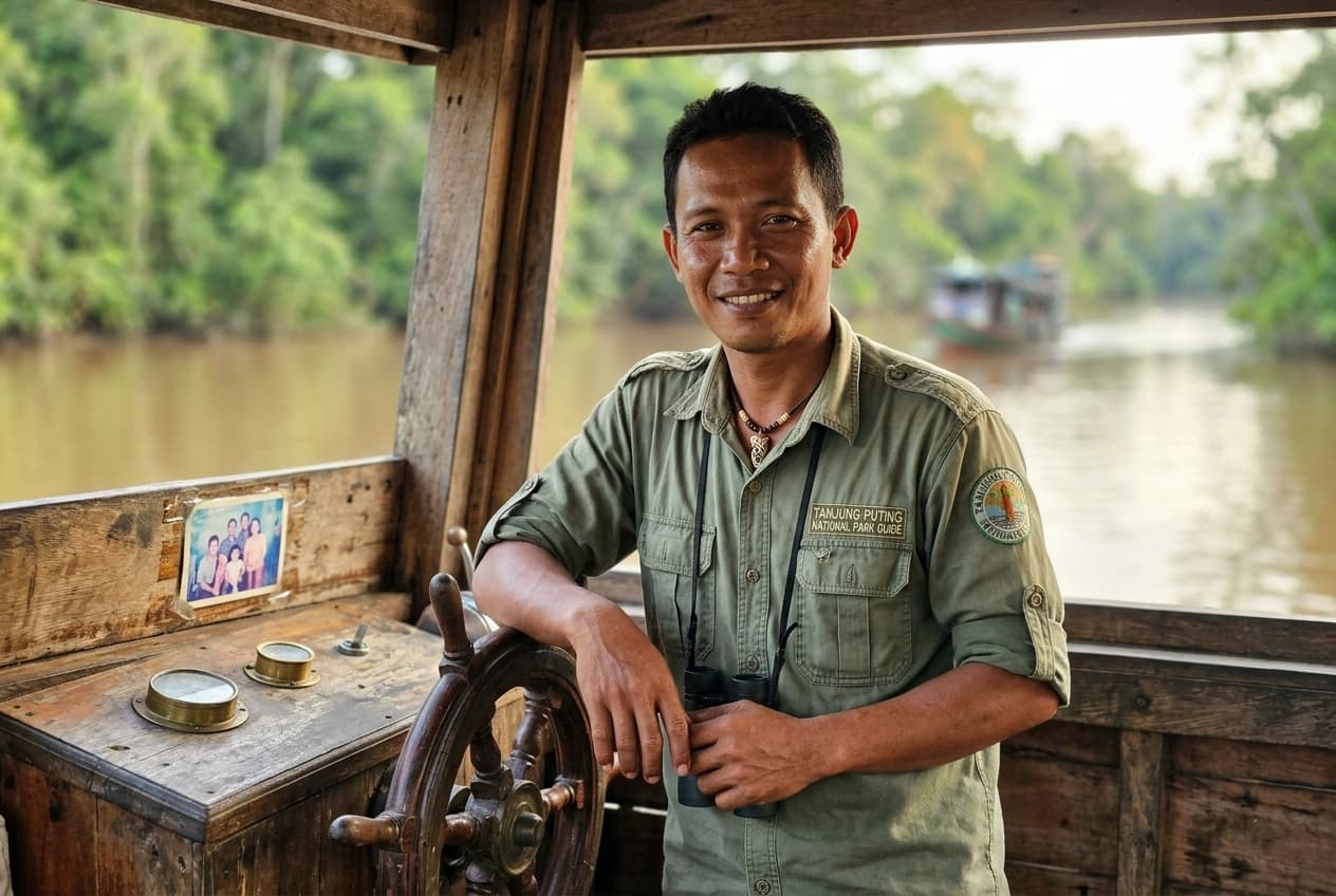 Local captain at the helm of klotok boat